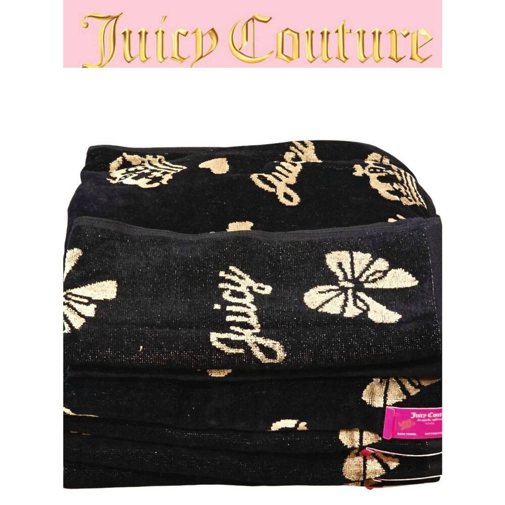 Juicy Couture Home Crown, Hearts, & Bow Oversized Bath Towel Set- Black/Gold